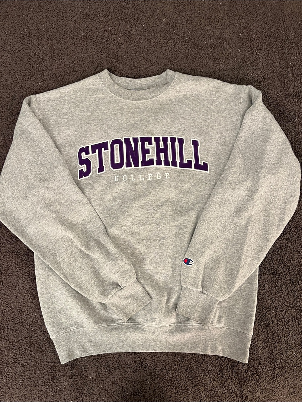 Champion Gray Crewneck with Purple Stonehill College Logo